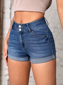 SHEIN LUNE Roll Up Hem Denim Shorts - Blue - View 2