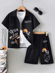 SHEIN 男孩標語圖案襯衫和短褲不帶T恤