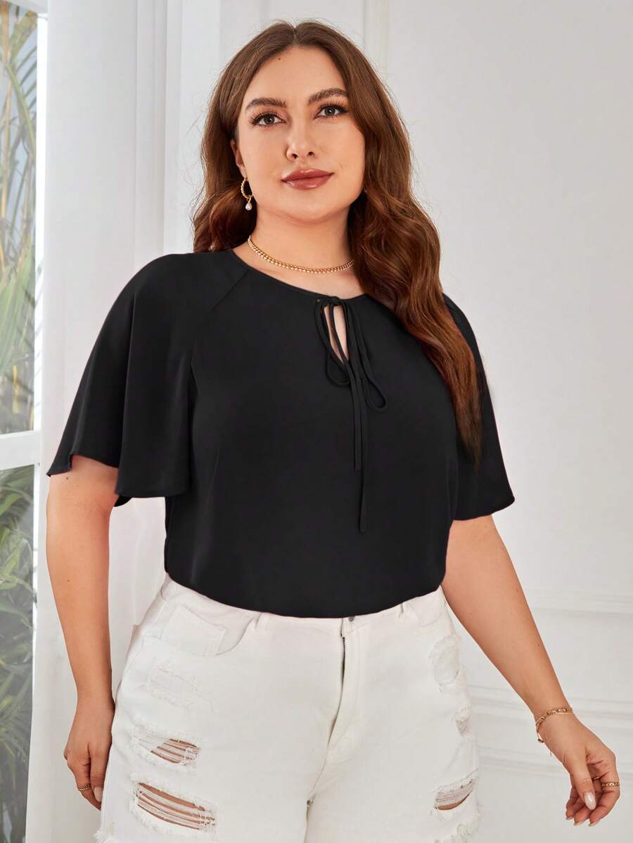 SHEIN Clasi Plus Tie Neck Raglan Sleeve Blouse - Black - View 1