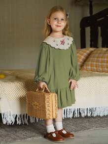 小女童花卉刺繡荷葉邊娃娃裙 - 軍綠色 - 查看 4