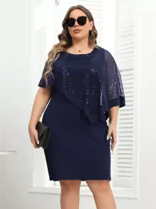 大碼亮片拼接斗篷袖洋裝