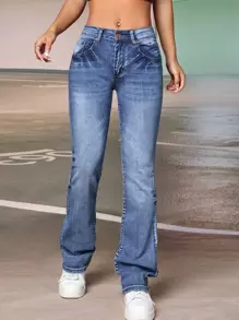 SHEIN PETITE 斜口袋靴型牛仔褲 - 深色水洗藍 - 查看 3