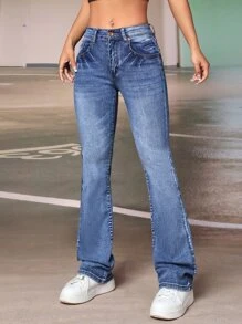 SHEIN PETITE 斜口袋靴型牛仔褲 - 深色水洗藍 - 查看 4