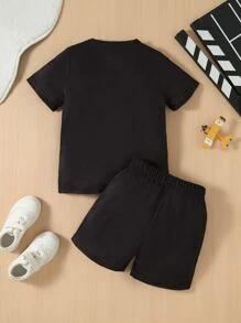 SHEIN Chàng trai trẻ In Phi hành gia Áo thun & quần đùi - màu đen - Xem 2