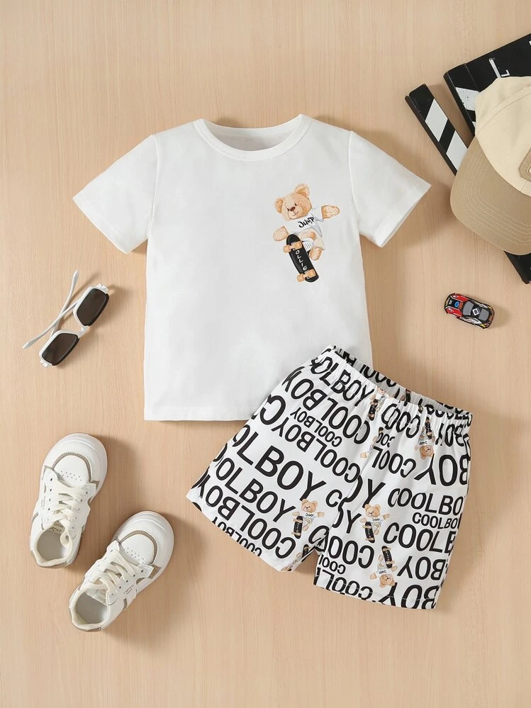 SHEIN Toddler Boys Bear & Letter Graphic Tee & Shorts - White - View 1