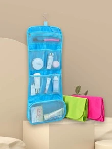 1pc Solid Color Pink Foldable Multi Grid Storage Mesh Bag, Portable Storage Bag For Travel - Hot Pink - View 7
