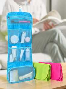 1pc Solid Color Pink Foldable Multi Grid Storage Mesh Bag, Portable Storage Bag For Travel - Hot Pink - View 3
