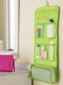 1pc Solid Color Pink Foldable Multi Grid Storage Mesh Bag, Portable Storage Bag For Travel - Hot Pink - View 5