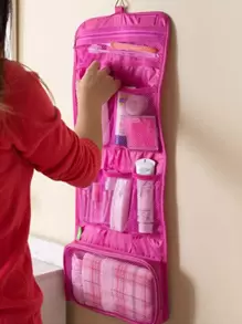 1pc Solid Color Pink Foldable Multi Grid Storage Mesh Bag, Portable Storage Bag For Travel - Hot Pink - View 1