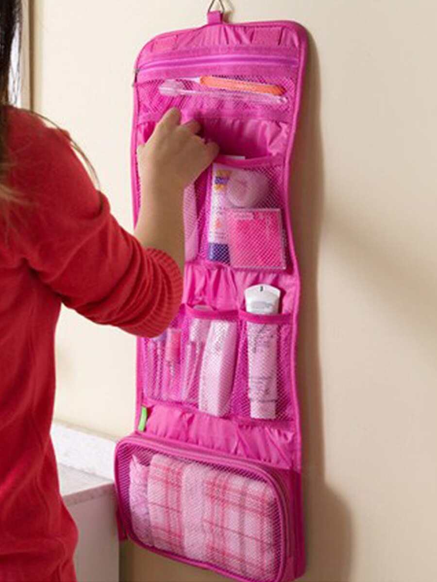 1pc Solid Color Pink Foldable Multi Grid Storage Mesh Bag, Portable Storage Bag For Travel - Hot Pink - View 1