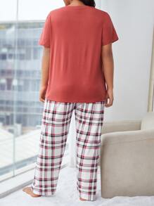 Plus Plaid Print PJ Set / Pajama Set - Multicolor - View 2