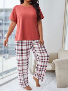 Plus Plaid Print PJ Set / Pajama Set - Multicolor - View 5