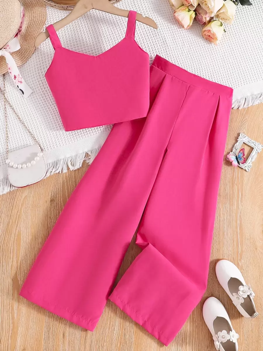 Top De Camiseta Corta Y Pantalones Anchos De Pierna Para Niñas En Edad Preadolescente - Rosa Fucsia - Ver 1