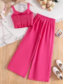 Top De Camiseta Corta Y Pantalones Anchos De Pierna Para Niñas En Edad Preadolescente - Rosa Fucsia - Ver 2