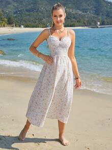 Eilly Bazar Đầm viền lá sen Dây kéo Họa tiết hoa Boho - trắng - Xem 5