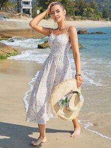Eilly Bazar Đầm viền lá sen Dây kéo Họa tiết hoa Boho - trắng - Xem 6
