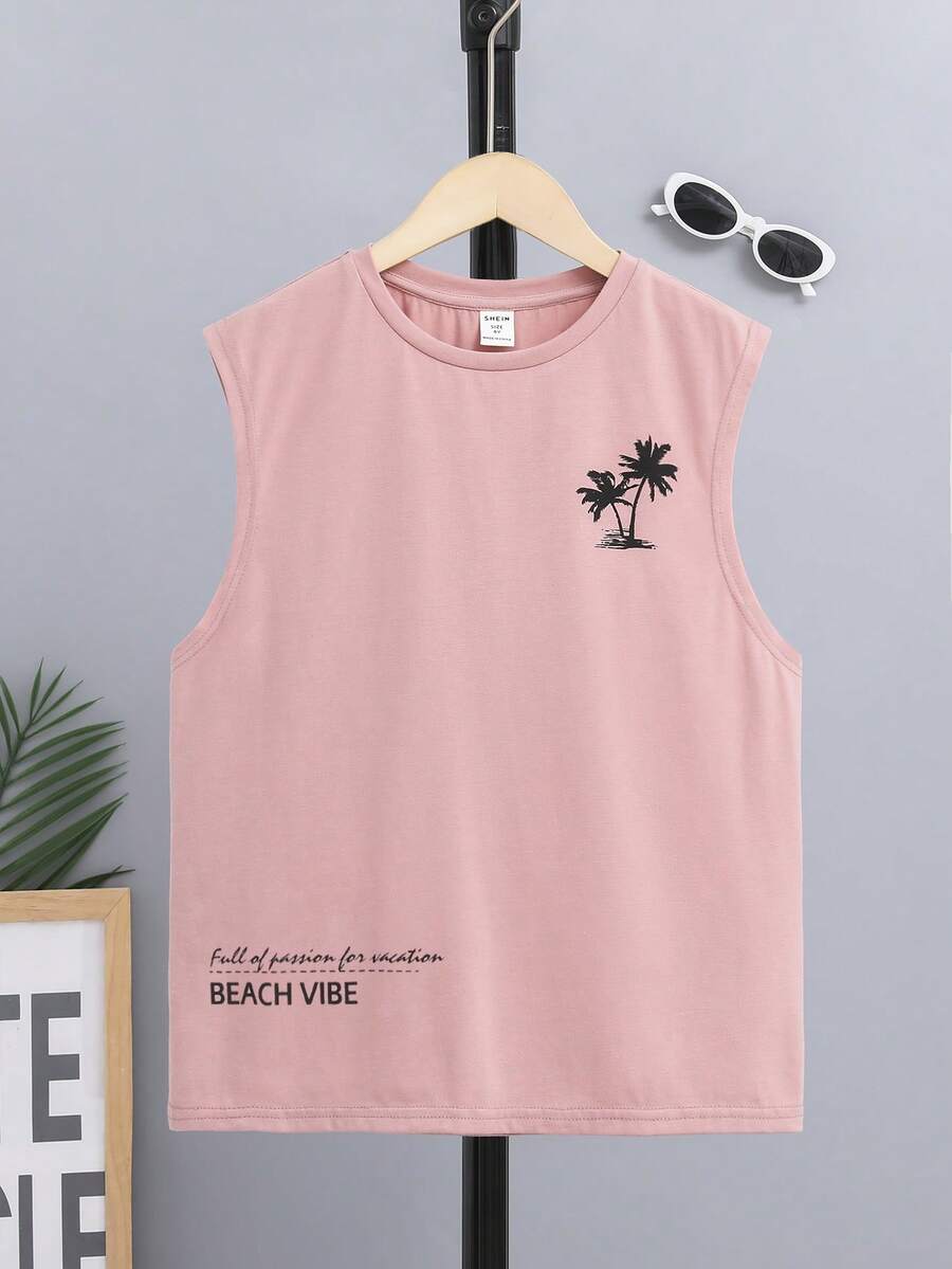 SHEIN Boys Slogan & Palm Tree Print Tank Top - Coral Pink - View 1