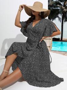 SHEIN Holidaya 大碼碎花側打結圍裹式連衣裙 - 黑色 - 查看 1