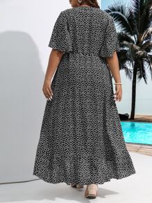 SHEIN Holidaya 大碼碎花側打結圍裹式連衣裙 - 黑色 - 查看 2
