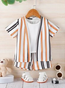 Baby Striped Print Coat & Shorts & Tee - Multicolor - View 1