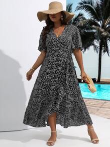 SHEIN Holidaya 大碼碎花側打結圍裹式連衣裙 - 黑色 - 查看 5