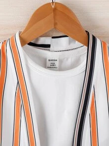 Baby Striped Print Coat & Shorts & Tee - Multicolor - View 3