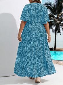 SHEIN Holidaya Plus Ditsy Floral Print Butterfly Sleeve Knot Side Wrap Dress - Blue - View 2