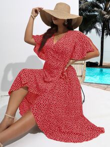 SHEIN Holidaya Plus Ditsy Floral Print Knot Side Wrap Dress - Red - View 1