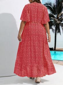 SHEIN Holidaya Plus Ditsy Floral Print Knot Side Wrap Dress - Red - View 2