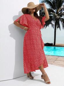 SHEIN Holidaya Plus Ditsy Floral Print Knot Side Wrap Dress - Red - View 3