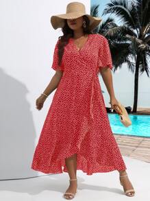 SHEIN Holidaya Plus Ditsy Floral Print Knot Side Wrap Dress - Red - View 4