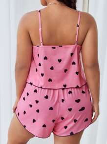 Plus Heart Print Lace Trim Cami Top & Shorts - Pink - View 2