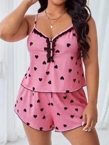 Plus Heart Print Lace Trim Cami Top & Shorts - Pink - View 3