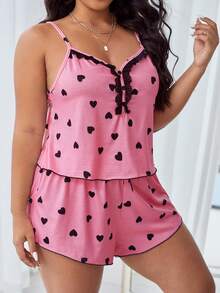 Plus Heart Print Lace Trim Cami Top & Shorts - Pink - View 5