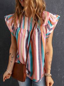 條紋印花蝴蝶袖襯衫 - 彩色 - 查看 1