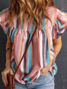 條紋印花蝴蝶袖襯衫 - 彩色 - 查看 3
