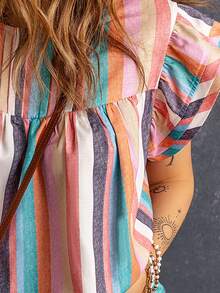 條紋印花蝴蝶袖襯衫 - 彩色 - 查看 4