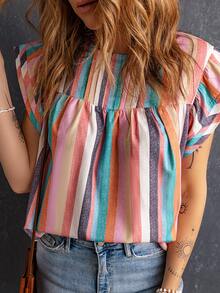 條紋印花蝴蝶袖襯衫 - 彩色 - 查看 5