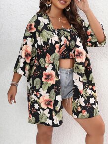 SHEIN Clasi Plus Tropical Print Open Front Coat & Shirred Tube Top - Multicolor - View 4