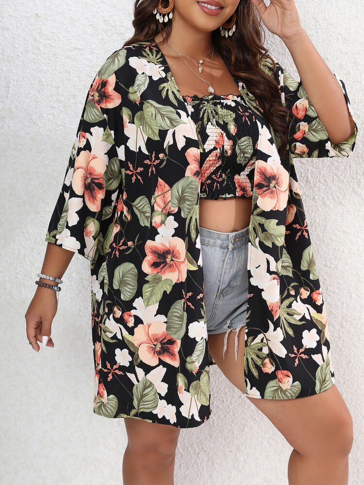 SHEIN Clasi 大碼熱帶圖案開門襟外套和打褶抹胸上衣 - 彩色 - 查看 4