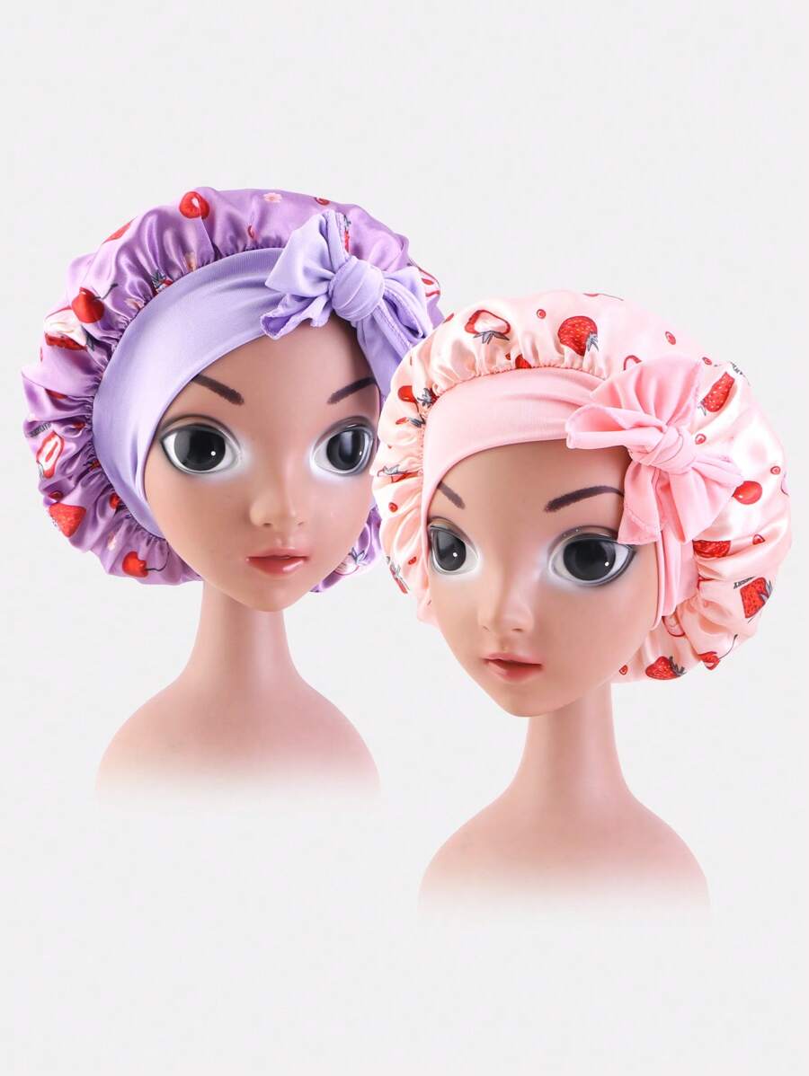 2pcs Toddler Girls Strawberry Pattern Bow Decor Fashionable Hair Bonnet For Home - Multicolor - View 1