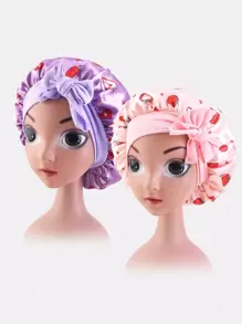 2pcs Toddler Girls Strawberry Pattern Bow Decor Fashionable Hair Bonnet For Home - Multicolor - View 2