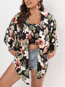 SHEIN Clasi Plus Tropical Print Open Front Coat & Shirred Tube Top - Multicolor - View 5