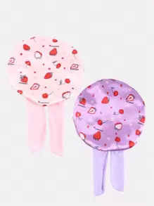 2pcs Toddler Girls Strawberry Pattern Bow Decor Fashionable Hair Bonnet For Home - Multicolor - View 4