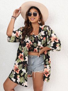 SHEIN Clasi Plus Tropical Print Open Front Coat & Shirred Tube Top - Multicolor - View 6