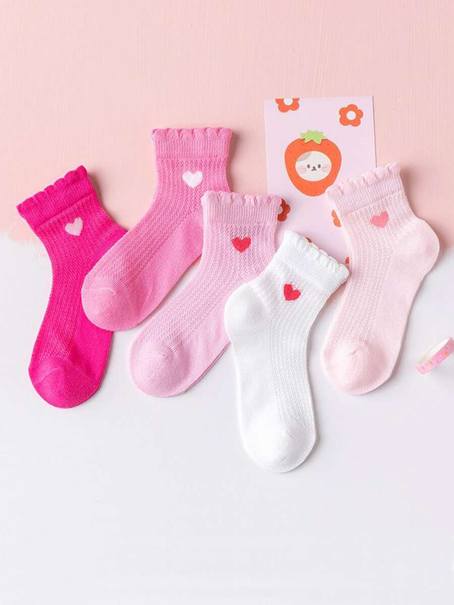 5雙小女童鏤空愛心刺繡時尚短襪適用於日常生活 - 彩色 - 查看 1