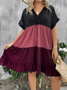 SHEIN LUNE 大碼撞色蝙蝠袖荷葉邊娃娃裙 - 彩色 - 查看 3