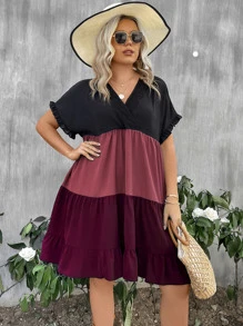 SHEIN LUNE 大碼撞色蝙蝠袖荷葉邊娃娃裙 - 彩色 - 查看 4