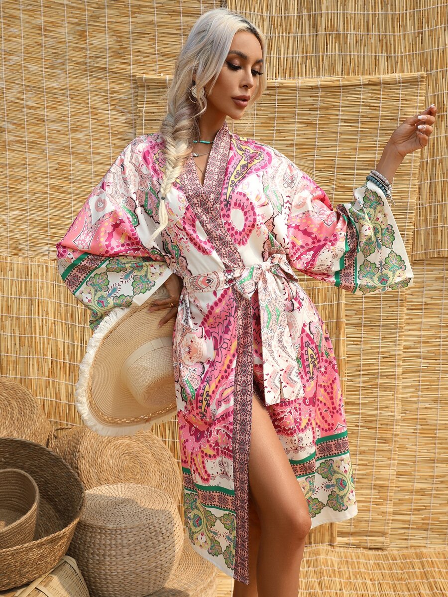 Floral Print Belted Kimono - Multicolor - View 1