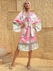 Floral Print Belted Kimono - Multicolor - View 4